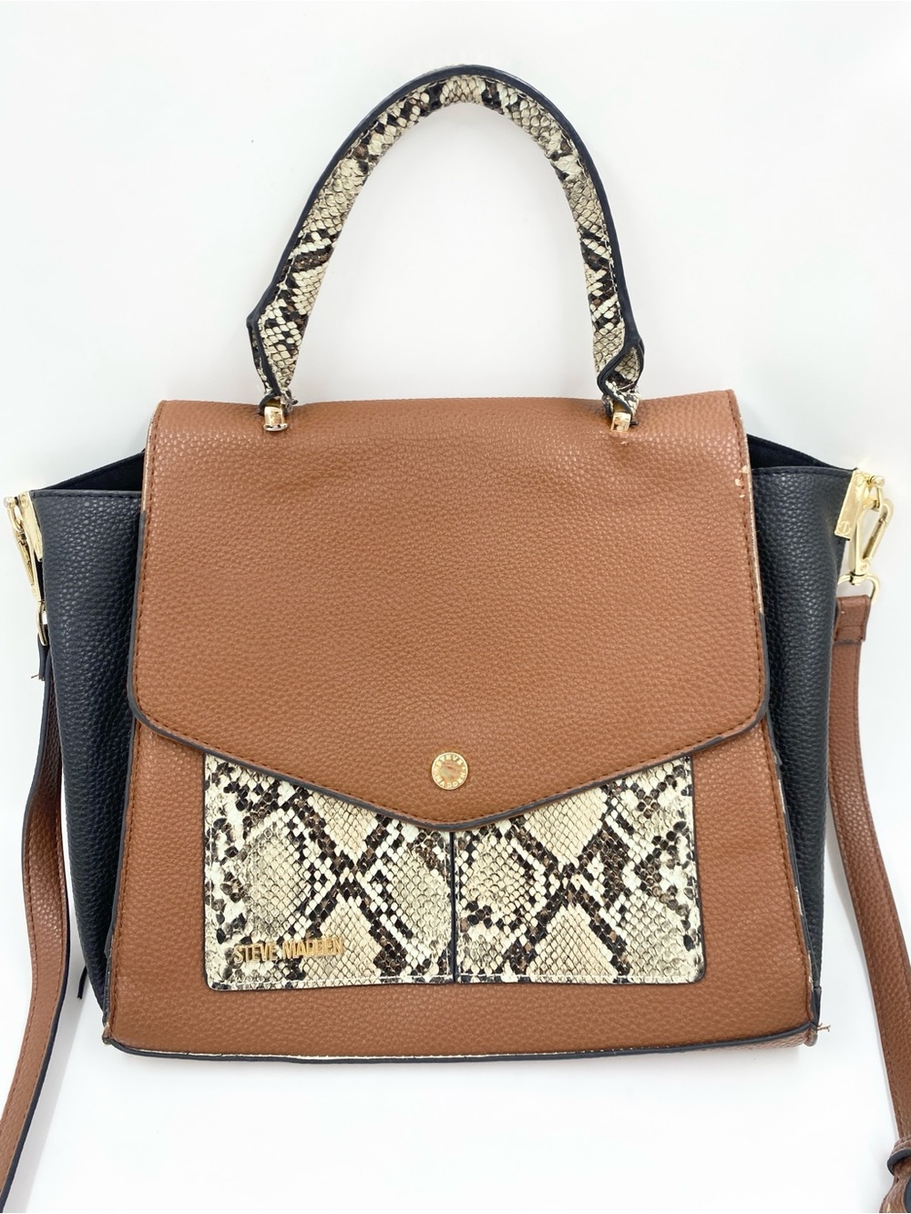 Steve Madden Satchel Crossbody Bag Purse Tan Snakeprint